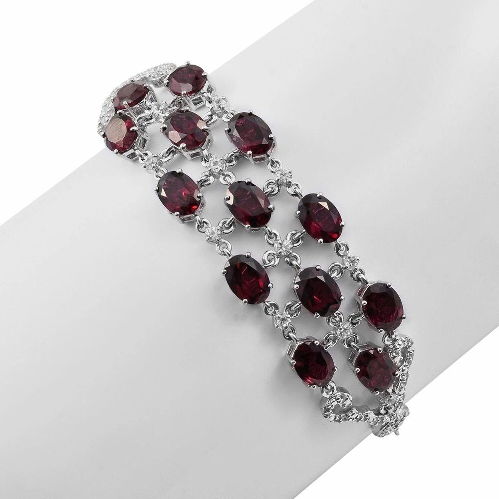 Rhodium Plated Sterling Silver Bracelet With Rhodolite Garnet,  White Zircon